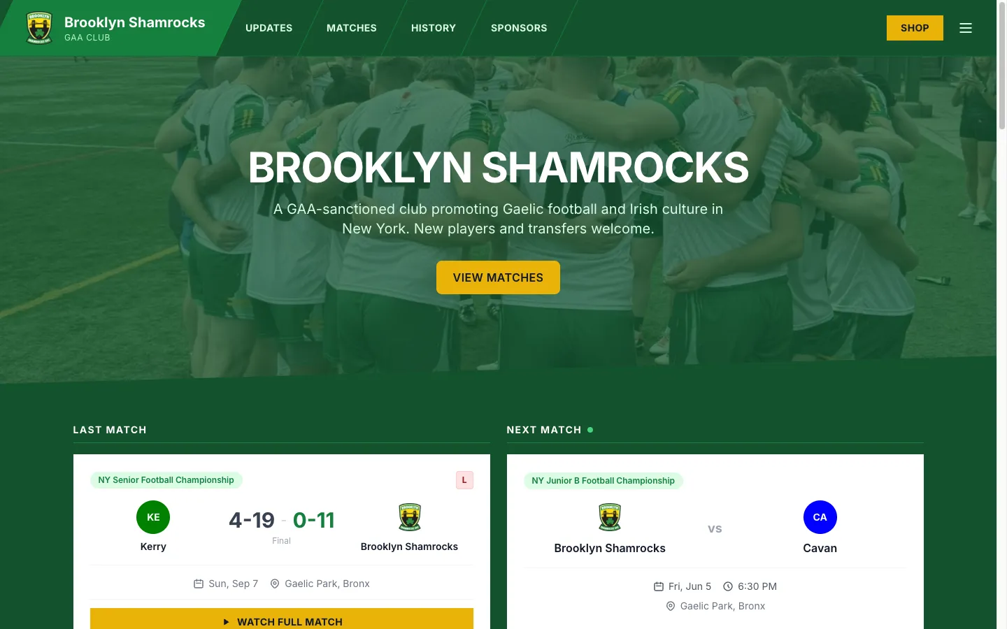 The Brooklyn Shamrocks website, shown on desktop
