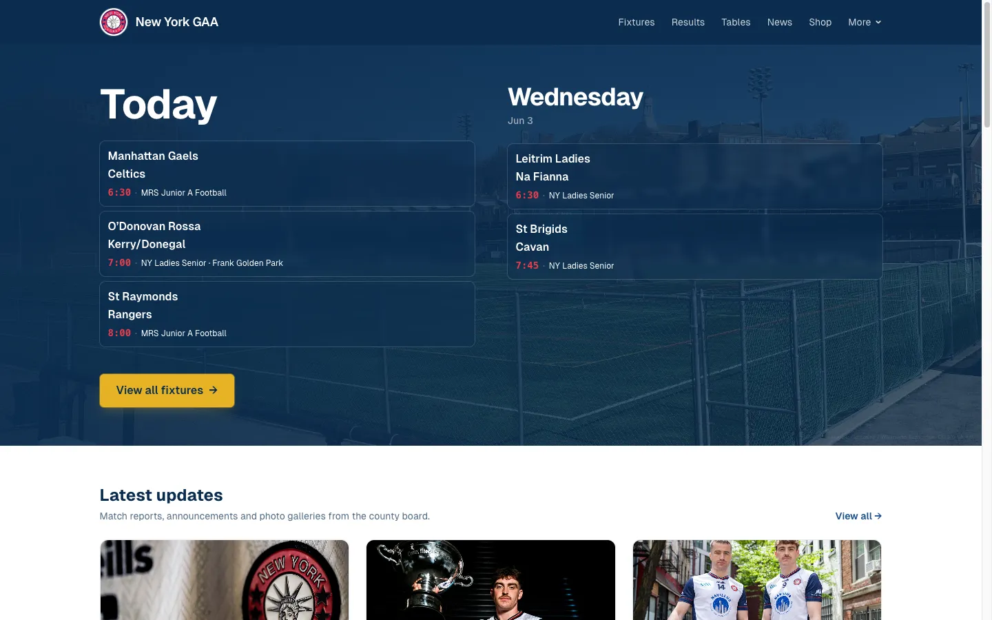 The New York GAA website, shown on desktop